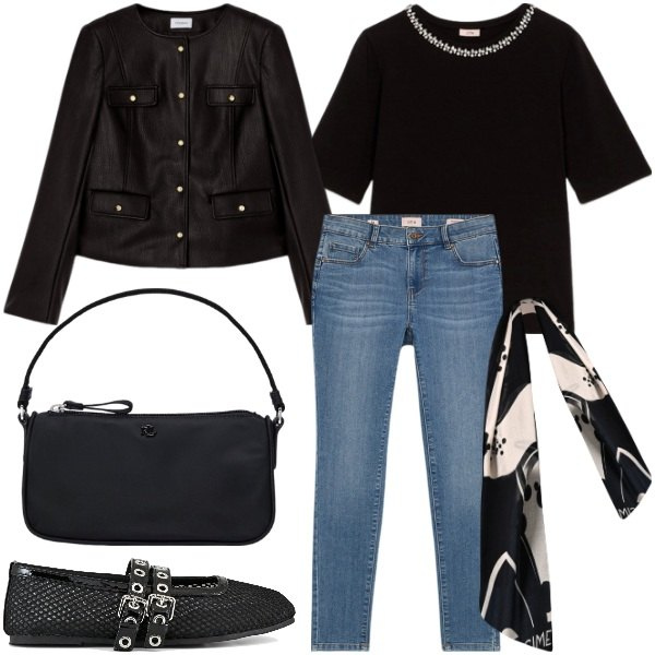 Outfit donna - Ballerine Rock e Outfit Chic. Stile Casual chic per Tutti i giorni. Abbinamento con sciarpe, pochette, ballerine, jeans skinny, t-shirt, blazer.