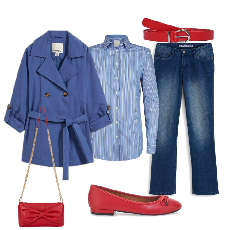Outfit donna - La ballerina rossa sempre di moda…. Stile Minimal per Tutti i giorni. Abbinamento con jeans bootcut, trench, cinture, ballerine, borse a tracolla, camicie.