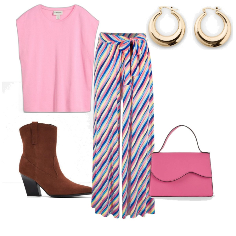 Outfit donna - Bonprix : trendy a righe. Stile Trendy per Tutti i giorni. Abbinamento con pantaloni a palazzo, bluse, stivaletti texani, borse a tracolla, orecchini.