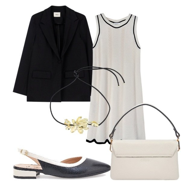 Outfit donna - Eleganza Bicolore Bianco e Nero. Stile Casual chic per Serata fuori. Abbinamento con collane, blazer, ballerine, vestiti senza maniche, borse a tracolla.