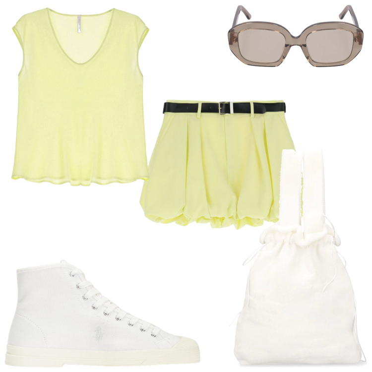Outfit donna - In giro per la città. Stile Casual per Tutti i giorni. Abbinamento con minigonne, top, sneakers alte, occhiali da sole, borse a mano.