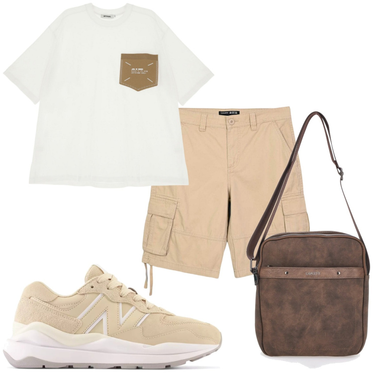 Outfit uomo - Arriva l\'estate. Stile Urban per Tutti i giorni. Abbinamento con bermuda, sneakers, t-shirt, portafogli.
