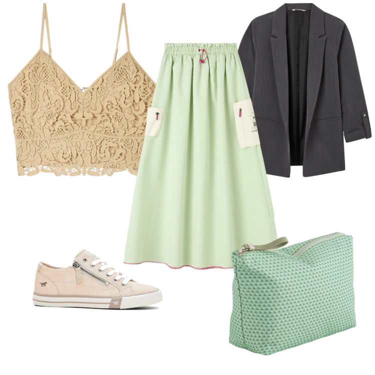 Outfit donna - Bantoa - Mid Season Sale verde pastello. Stile Sporty chic per Tutti i giorni. Abbinamento con sneakers, gonne lunghe, blazer, top, valigie.