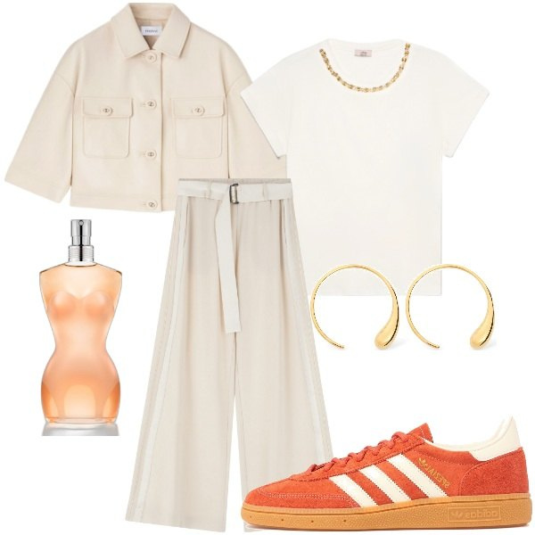 Outfit donna - Eleganza Sportiva giallo burro. Stile Casual chic per Tutti i giorni. Abbinamento con profumi, pantaloni, sneakers, blazer, orecchini, t-shirt.