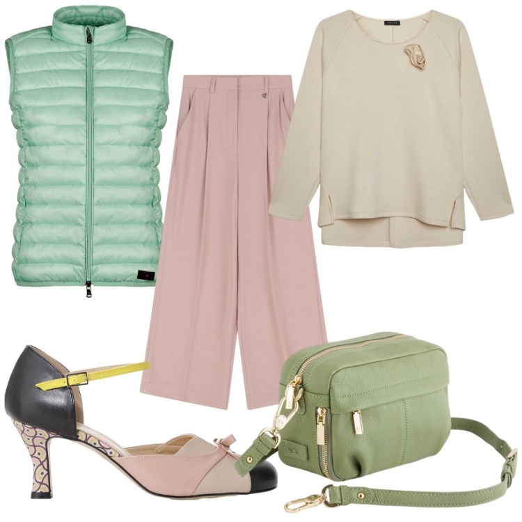 Outfit donna - Bantoa Mid Season Sale: verde e rosa. Stile Trendy per Tutti i giorni. Abbinamento con pantaloni a palazzo, décolleté, piumini, felpe, borse a tracolla.