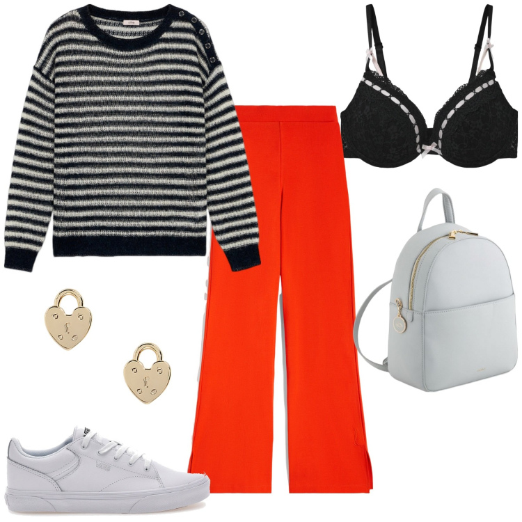 Outfit donna - Casual sport. Stile Casual per Tutti i giorni. Abbinamento con reggiseni push-up, pantaloni, orecchini, sneakers, zaini, maglieria.