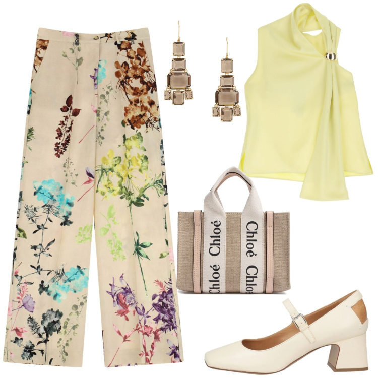 Outfit donna - Seratina trendy. Stile Trendy per Serata fuori. Abbinamento con décolleté, top, pantaloni a palazzo, orecchini, borse a mano.