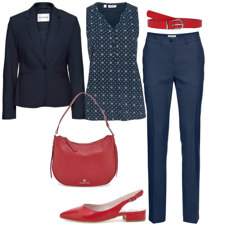 Outfit donna - A lavoro. Stile Casual per Ufficio. Abbinamento con pantaloni, top, blazer, cinture, ballerine, borse a tracolla.