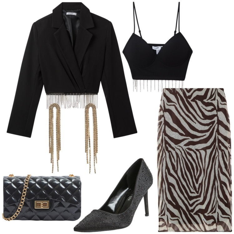 Outfit donna - Total look #2096827. Stile Chic per Serata fuori. Abbinamento con gonne lunghe, borse a tracolla, top, décolleté, orecchini, blazer.