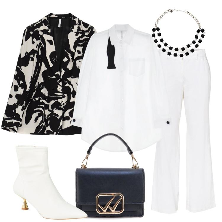 Outfit donna - Vacanze di Pasqua. Stile Chic per Tutti i giorni. Abbinamento con pantaloni, stivaletti, blazer, camicie, collane, borse a tracolla.
