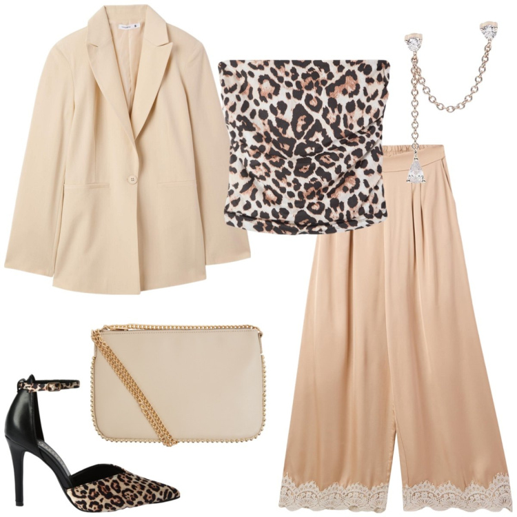 Outfit donna - Total look #2096829. Stile Chic per Cerimonia. Abbinamento con pantaloni a palazzo, borse a tracolla, top, décolleté, blazer, orecchini.