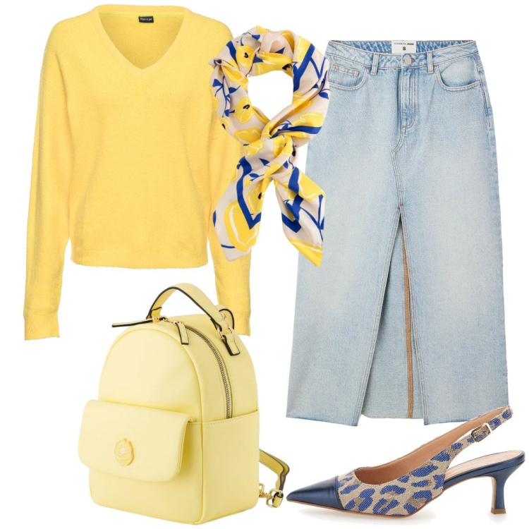 Outfit donna - Giallo primaverile. Stile Casual per Ufficio. Abbinamento con maglieria, gonne lunghe, décolleté, foulard, zaini.