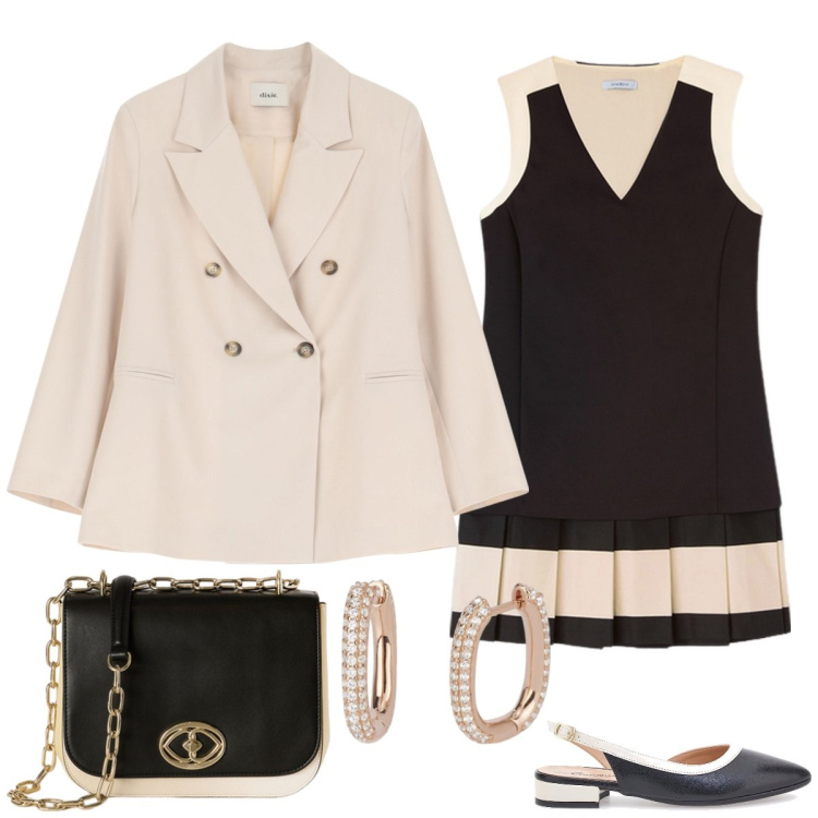 Outfit donna - Total look #2096832. Stile Bon Ton per Cerimonia. Abbinamento con orecchini, blazer, ballerine, vestiti senza maniche, borse a tracolla.