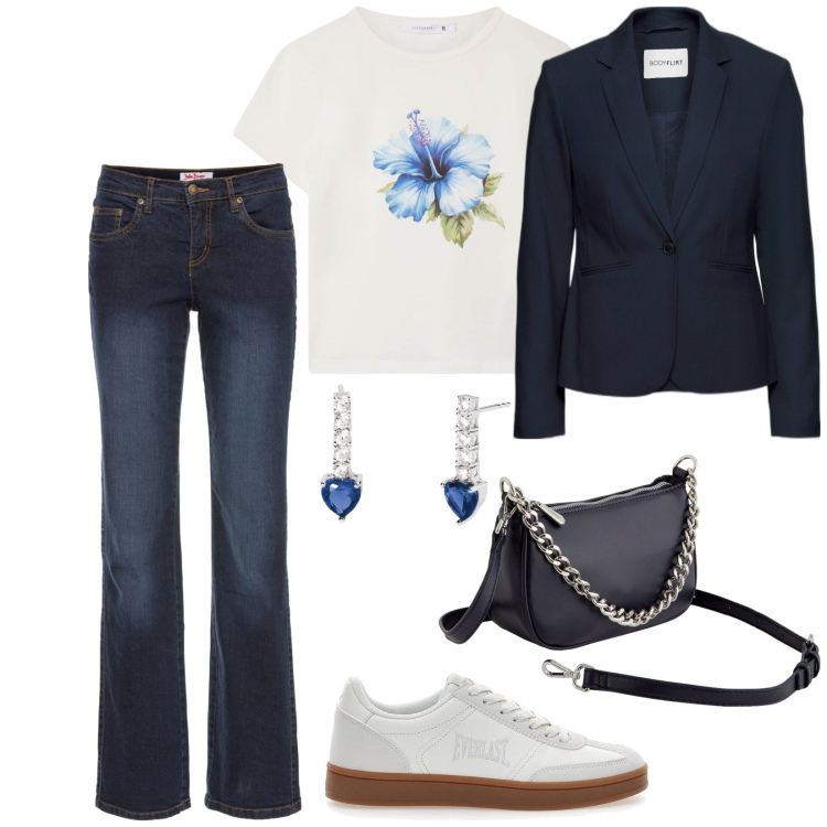 Outfit donna - Ibisco blu. Stile Casual per Tutti i giorni. Abbinamento con blazer, jeans dritti, t-shirt, orecchini, sneakers, borse a tracolla.