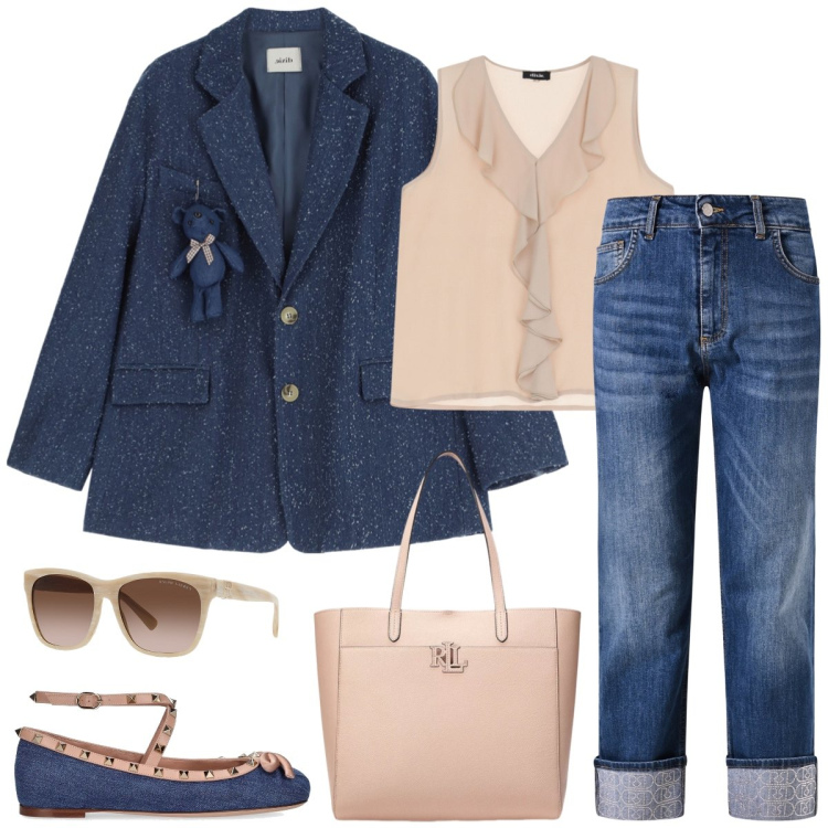 Outfit donna - Total look #2096837. Stile Casual per Tutti i giorni. Abbinamento con jeans dritti, top, blazer, occhiali da sole, borse tote, ballerine.