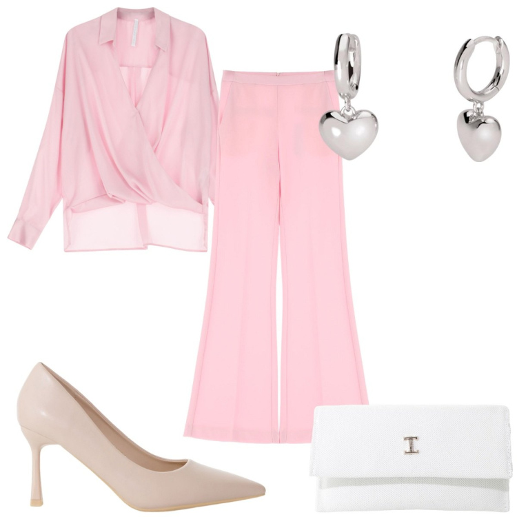 Outfit donna - Rosa pastello: la cerimonia. Stile Chic per Cerimonia. Abbinamento con orecchini, pantaloni, bluse, décolleté, borse a tracolla.
