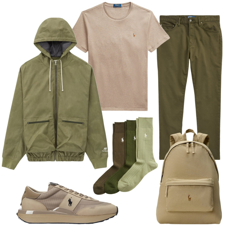 Outfit uomo - Nuance di bosco. Stile Trendy per Tutti i giorni. Abbinamento con giacche sportive, sneakers, calzini, pantaloni chino, t-shirt, borse sportive.