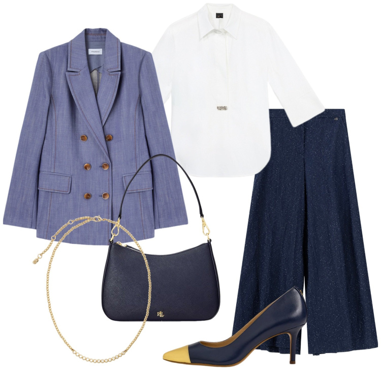 Outfit donna - Appuntamento di lavoro. Stile Chic per Ufficio. Abbinamento con borse a spalla, décolleté, collane, pantaloni a palazzo, blazer, bluse.