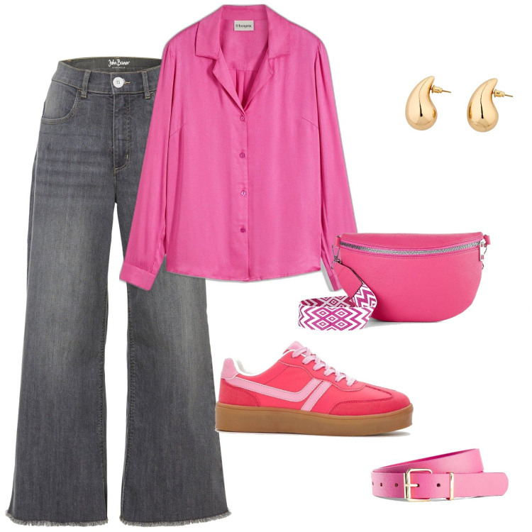 Outfit donna - Pink spring by Bonprix. Stile Casual chic per Tutti i giorni. Abbinamento con jeans, cinture, camicie, sneakers, marsupi, orecchini.