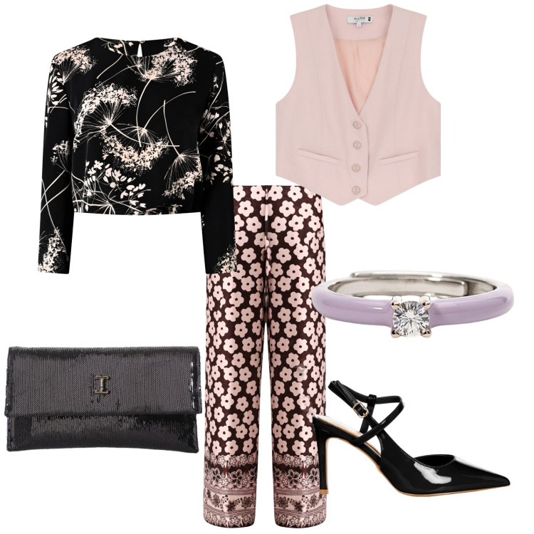 Outfit donna - Sognatrice. Stile Romantica per Serata fuori. Abbinamento con décolleté, bluse, pantaloni a palazzo, anelli, gilet, borse a tracolla.