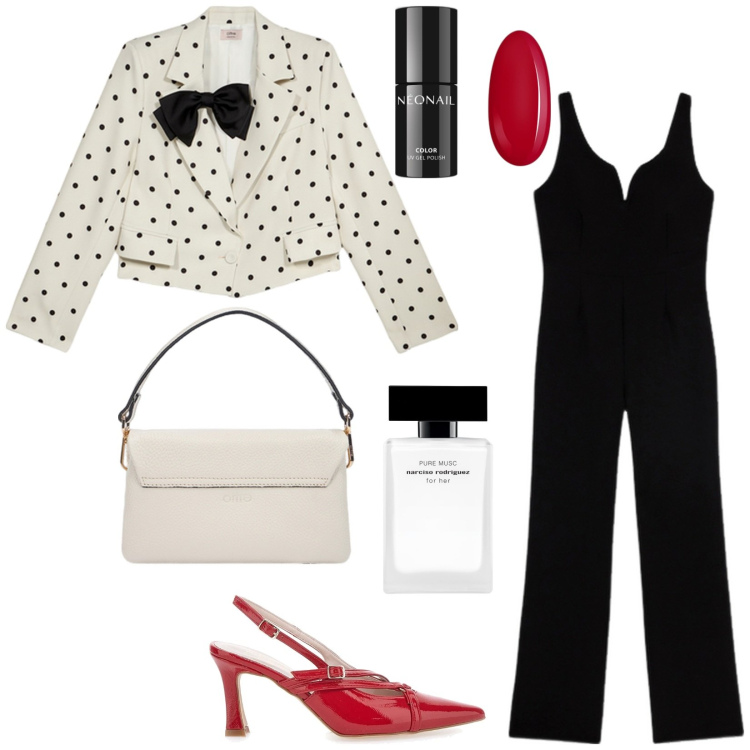 Outfit donna - Uscita in due. Stile Chic per Serata fuori. Abbinamento con profumi, smalti, décolleté, tute, borse a tracolla, blazer.