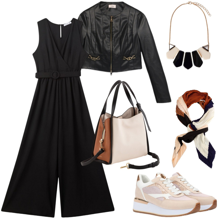 Outfit donna - Tuta elegante e pratica. Stile Sporty chic per Tutti i giorni. Abbinamento con tute, blazer, borse a mano, foulard, sneakers, collane.