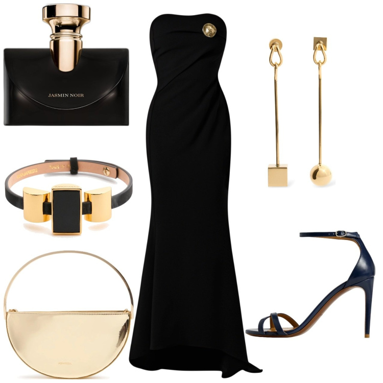 Outfit donna - Oro e nero. Stile Chic per Serata fuori. Abbinamento con vestiti lunghi, profumi, sandali col tacco, orecchini, collane, pochette.