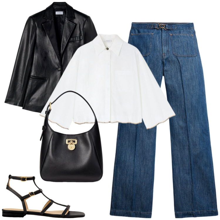 Outfit donna - Denim and more. Stile Casual chic per Tutti i giorni. Abbinamento con borse a tracolla, jeans, sandali, blazer, camicie.
