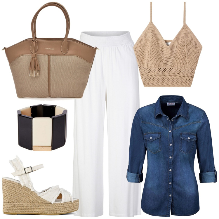 Outfit donna - Bijoux motivi. Stile Casual per Tutti i giorni. Abbinamento con pantaloni, camicie, top, sandali col tacco, borse tote, braccialetti.