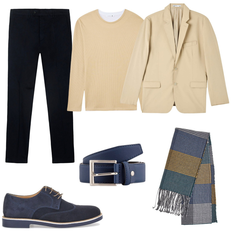 Outfit uomo - Eleganza rilassata. Stile Casual per Serata speciale. Abbinamento con giacche, maglieria, scarpe stringate, sciarpe, cinture, pantaloni chino.