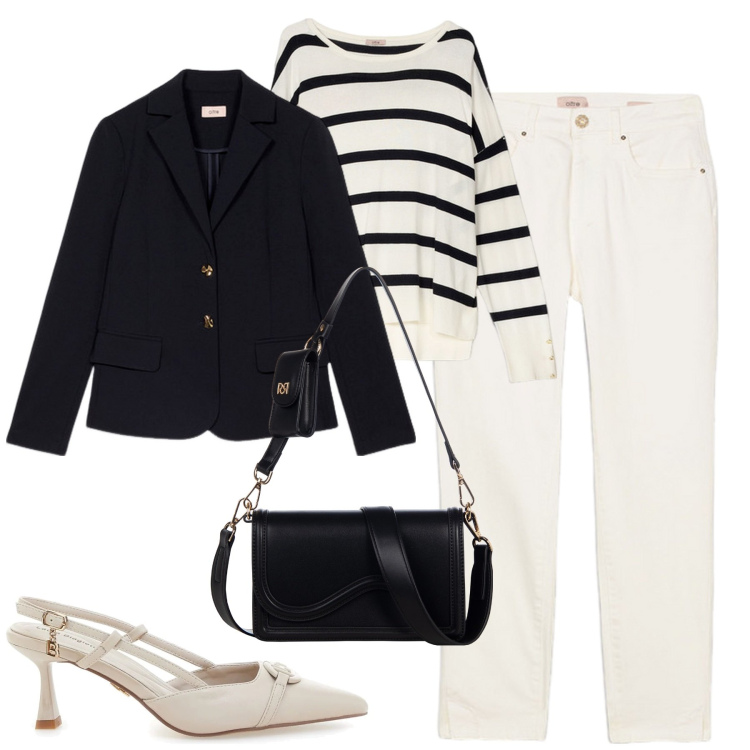 Outfit donna - City. Stile Urban per Tutti i giorni. Abbinamento con pochette, décolleté, pantaloni skinny, maglieria, blazer.