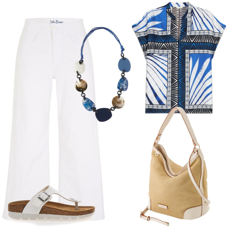 Outfit donna - Collana blu. Stile Casual per Tutti i giorni. Abbinamento con jeans, infradito, collane, borse a tracolla, bluse.