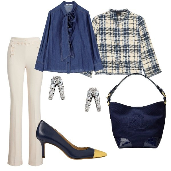 Outfit donna - Bianco e azzurro. Stile Casual chic per Tutti i giorni. Abbinamento con camicie, orecchini, pantaloni, borse a secchiello, décolleté, blazer.