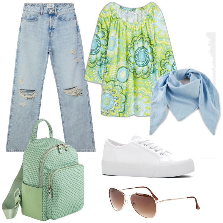 Outfit donna - Bantoa mid season. Stile Basic per Tutti i giorni. Abbinamento con sneakers, occhiali da sole, maglieria, foulard, jeans strappati, zaini.
