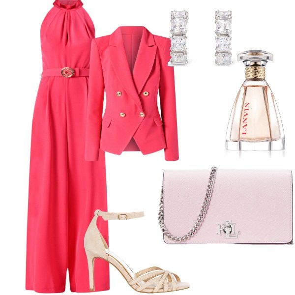 Outfit donna - Matrimonio in vista. Stile Glamour per Cerimonia. Abbinamento con profumi, tute, blazer, sandali col tacco, borse a tracolla, orecchini.