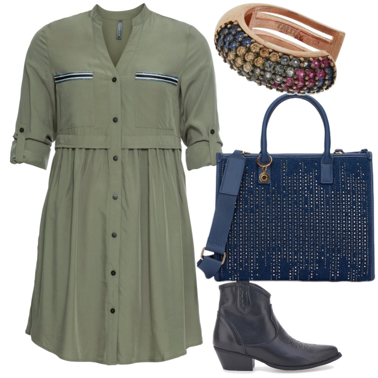 Outfit donna - Abito fresco da ufficio di primavera. Stile Trendy per Ufficio. Abbinamento con vestiti chemisier, stivaletti texani, orecchini, borse a mano.