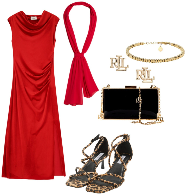 Outfit donna - Un compleanno importante. Stile Chic per Tutti i giorni. Abbinamento con sandali col tacco, pochette, vestiti midi/longuette, braccialetti, orecchini, stole.