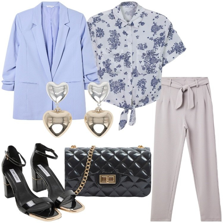 Outfit donna - Terranova - Occasioni speciali. Stile Romantica per Serata fuori. Abbinamento con pantaloni chino, sabot, borse a tracolla, orecchini, blazer, camicie.