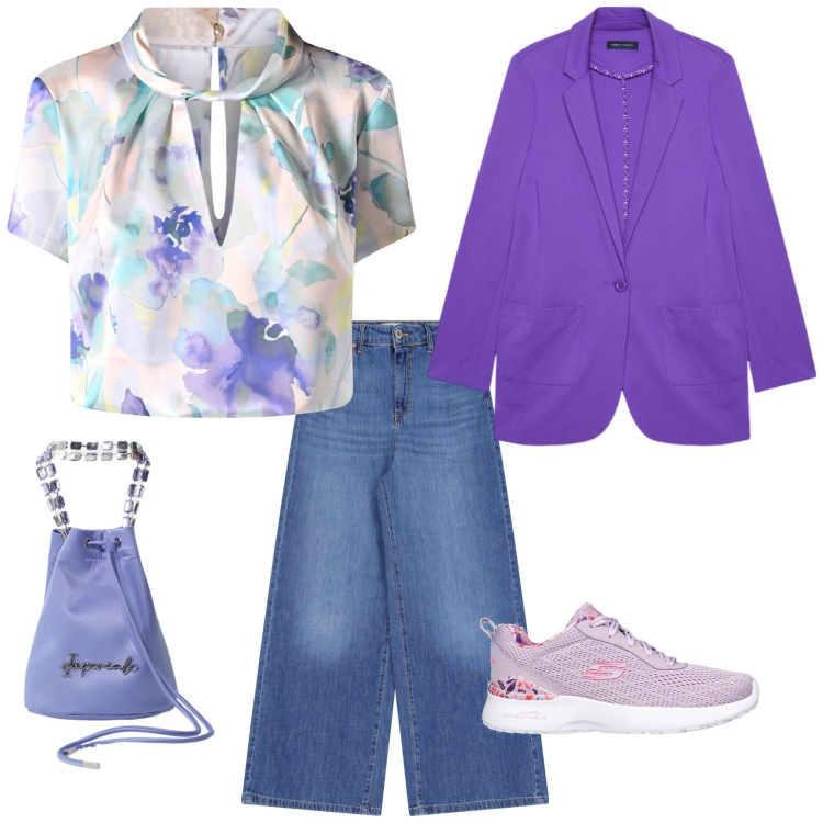 Outfit donna - Tailleur a modo mio. per Scuola/Università. Abbinamento con bluse, borse a secchiello, pantaloni a palazzo, sneakers, blazer.