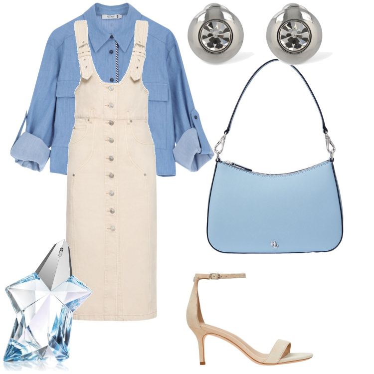 Outfit donna - Un angelo al lavoro. Stile Glamour per Ufficio. Abbinamento con profumi, camicie, borse a spalla, sandali in pelle, orecchini, vestiti midi/longuette.