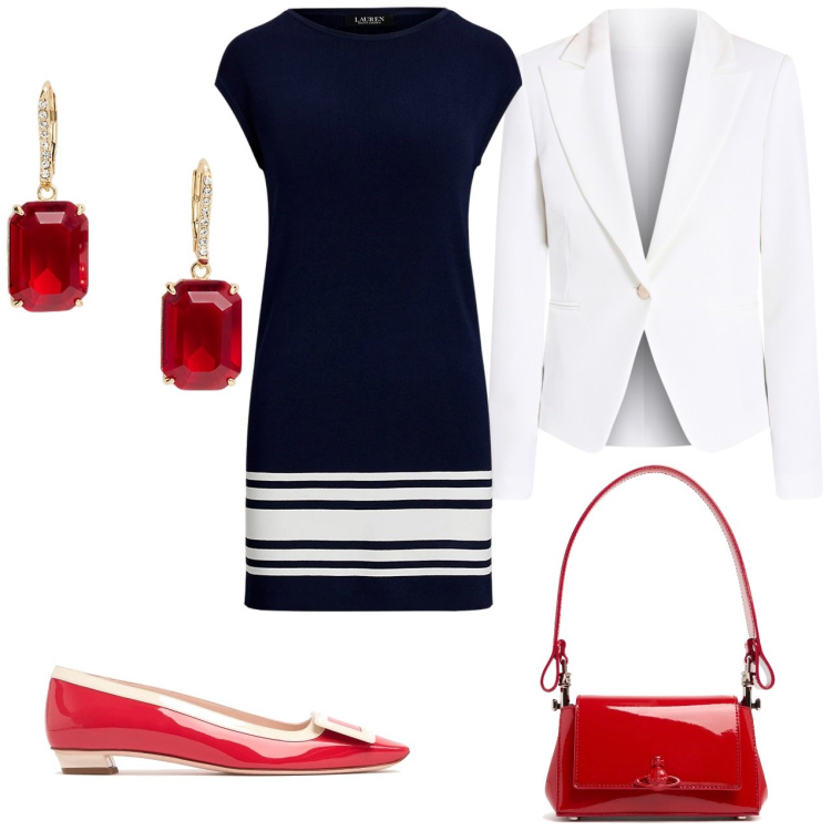 Outfit donna - Ballerine rosse. Stile Casual chic per Cerimonia. Abbinamento con blazer, orecchini, vestiti, ballerine, borse a spalla.