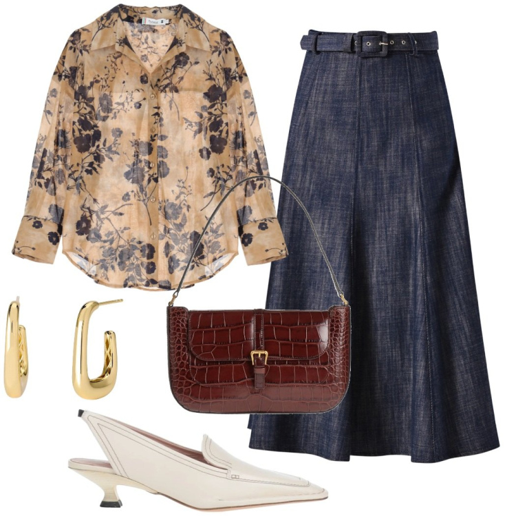 Outfit donna - La camicia a fiori. Stile Bon Ton per Serata fuori. Abbinamento con décolleté, borse a mano, orecchini, gonne longuette, camicie.