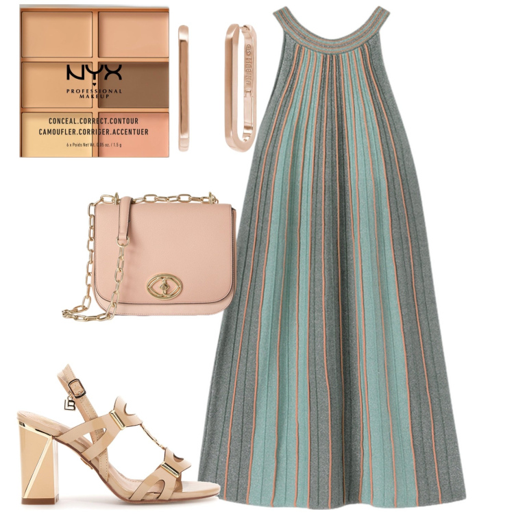 Outfit donna - Pronta in 5 minuti. Stile Romantica per Tutti i giorni. Abbinamento con correttori, orecchini, vestiti corti, sandali col tacco, borse a tracolla.