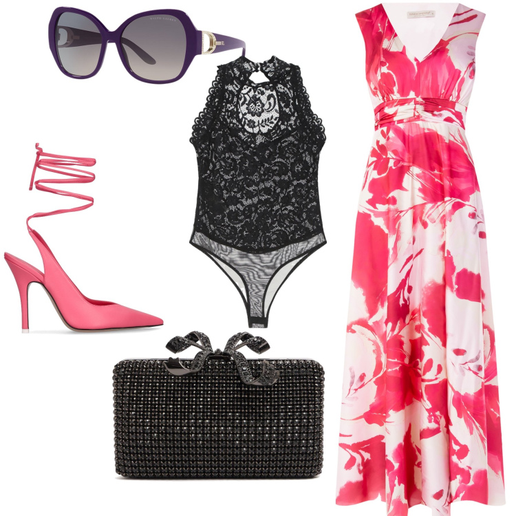 Outfit donna - Intimo un po’ a vista. Stile Glamour per Serata fuori. Abbinamento con body, vestiti lunghi, occhiali da sole, décolleté, pochette.