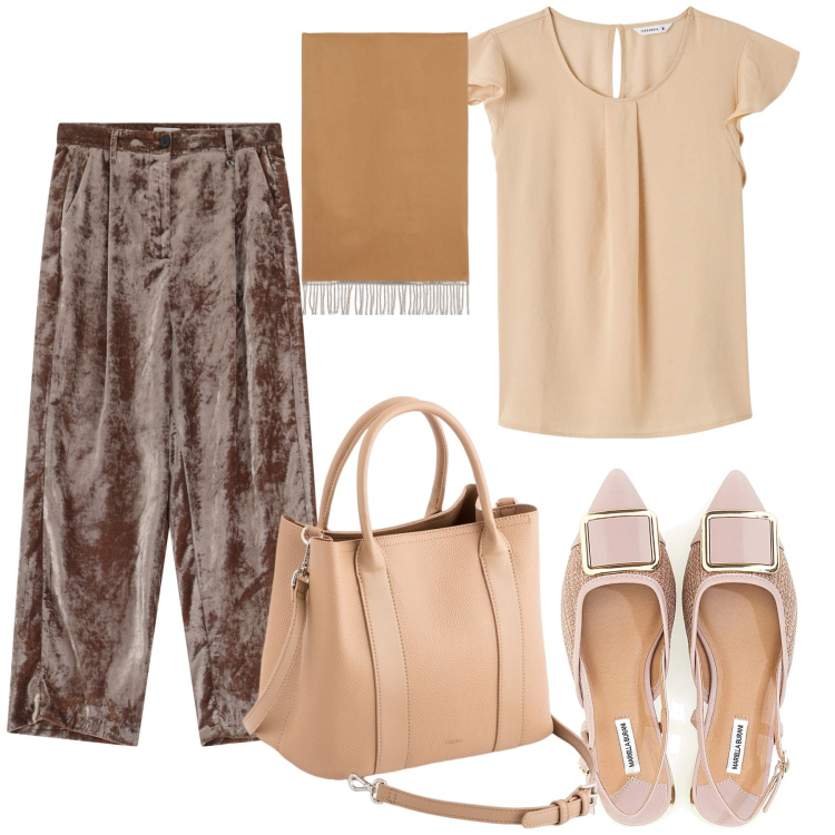 Outfit donna - Insieme ad una amica. Stile Bon Ton per Tutti i giorni. Abbinamento con bluse, pantaloni, ballerine, borse a mano, sciarpe.
