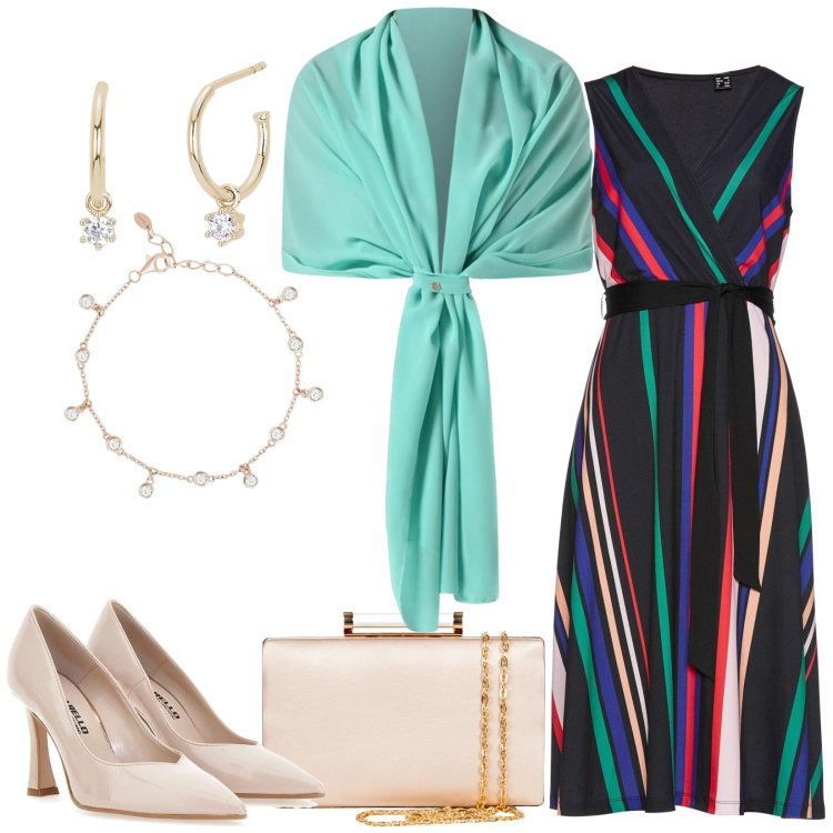 Outfit donna - Idea outfit compleanno. Stile Chic per Tutti i giorni. Abbinamento con vestiti, orecchini, braccialetti, clutch, scialli, décolleté.