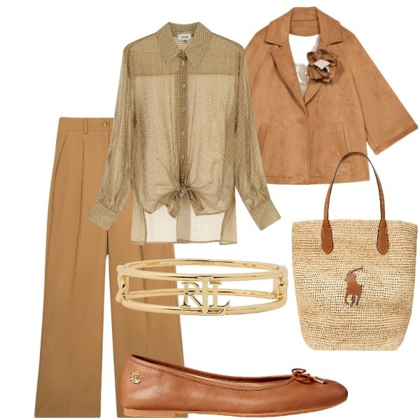 Outfit donna - Aspettando la primavera. Stile Glamour per Serata fuori. Abbinamento con camicie, ballerine, braccialetti, borse tote, caban, pantaloni a palazzo.