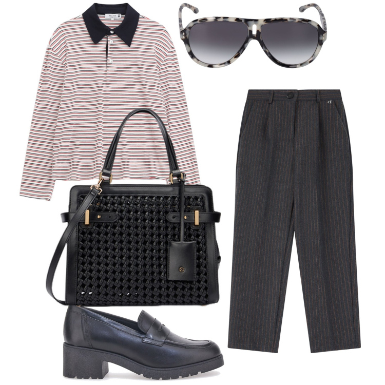 Outfit donna - Un poco lui. Stile Mannish per Ufficio. Abbinamento con maglieria, pantaloni, mocassini, occhiali da sole, borse a mano.