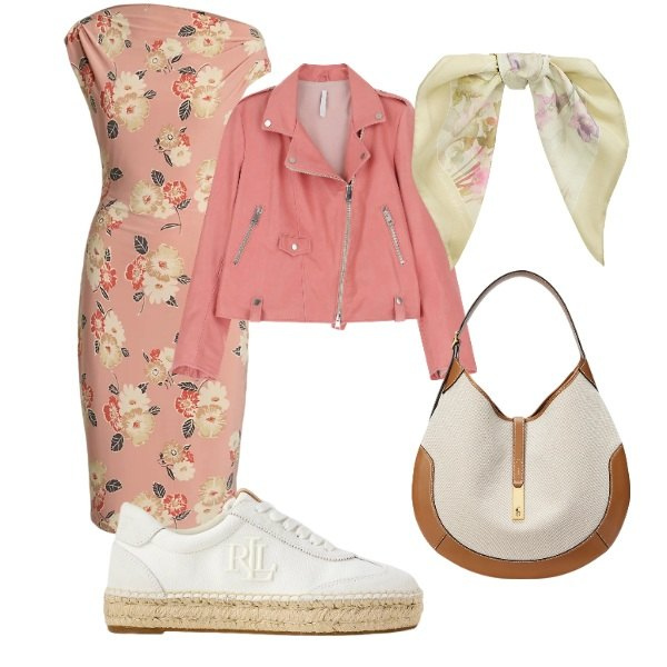 Outfit donna - Aspettando la primavera. Stile Trendy per Tutti i giorni. Abbinamento con giacche, sneakers, borse a spalla, foulard, vestiti a tubino.