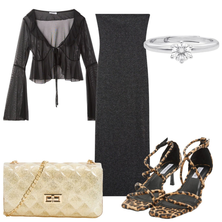 Outfit donna - Terranova : compleanno glamour. Stile Glamour per Cerimonia. Abbinamento con bolero, sandali col tacco, borse a tracolla, vestiti lunghi, anelli.